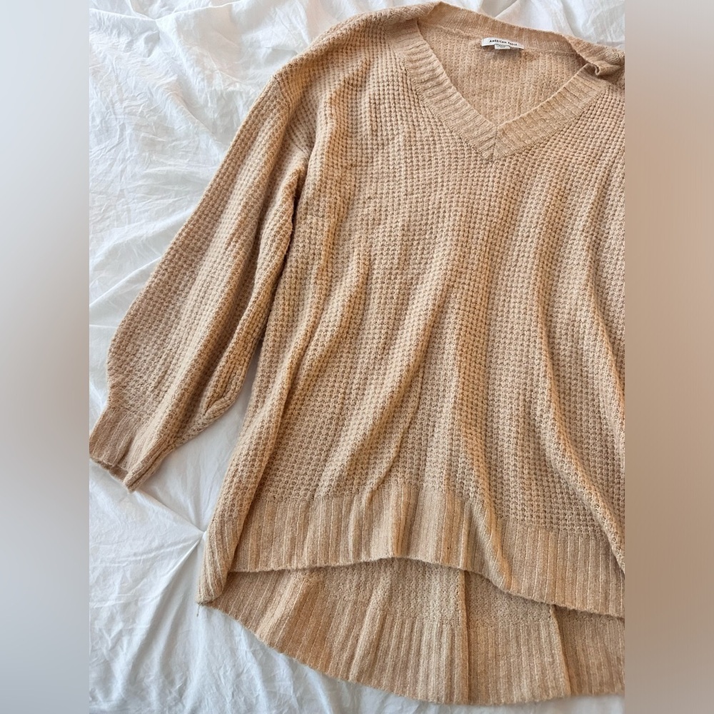 American Eagle Tan V-Neck Waffle Sweater Size S - Picture 3 of 5